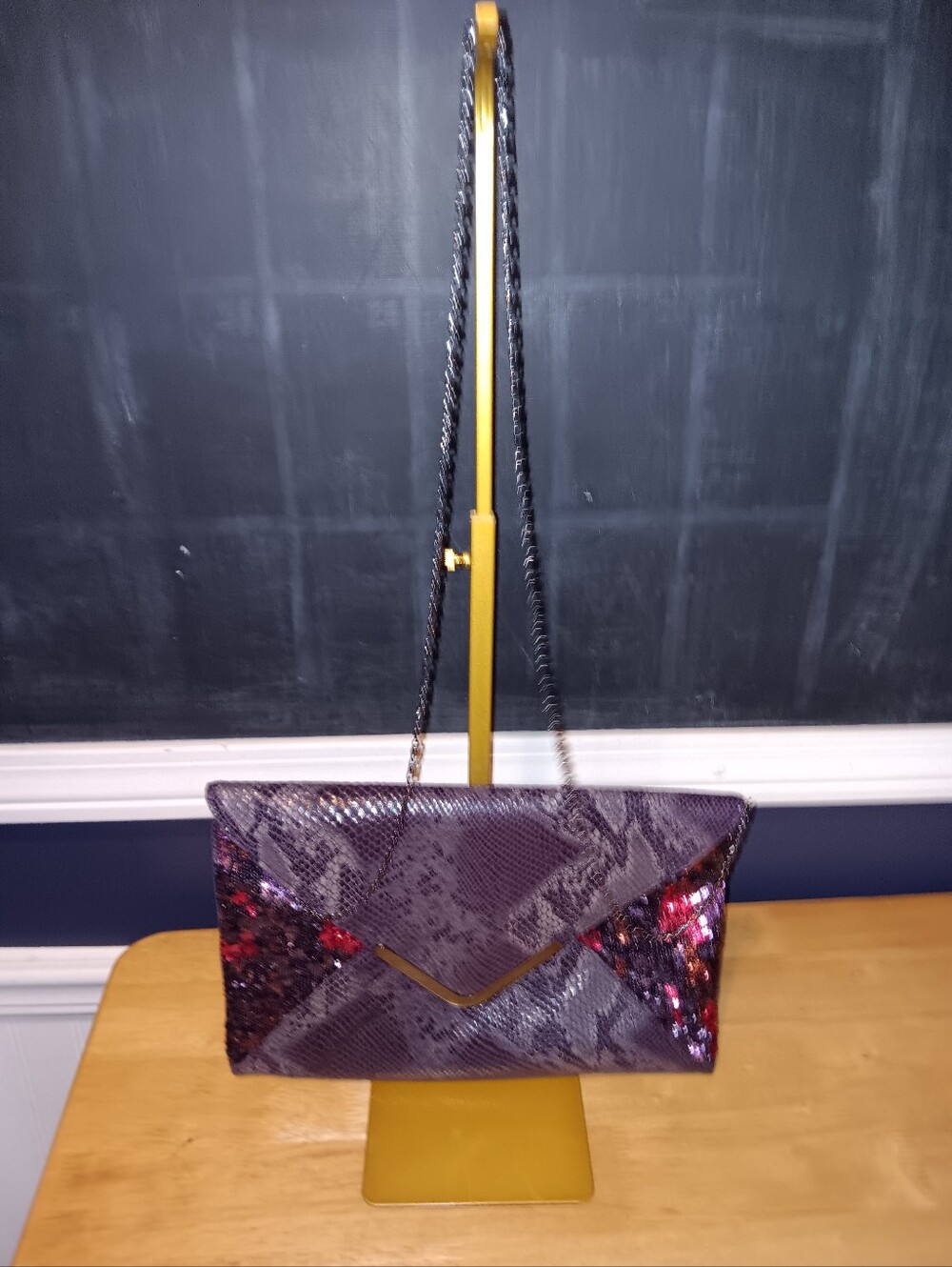 Big Buddha Purple Sequin Envelope Clutch with Black Chain